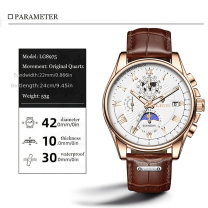 2022 Top Brand Luxury Mens Watches LIGE PU Leather Quartz Men's Watch Business Clock Sport Date Chronograph, Ideal choice for Gifts