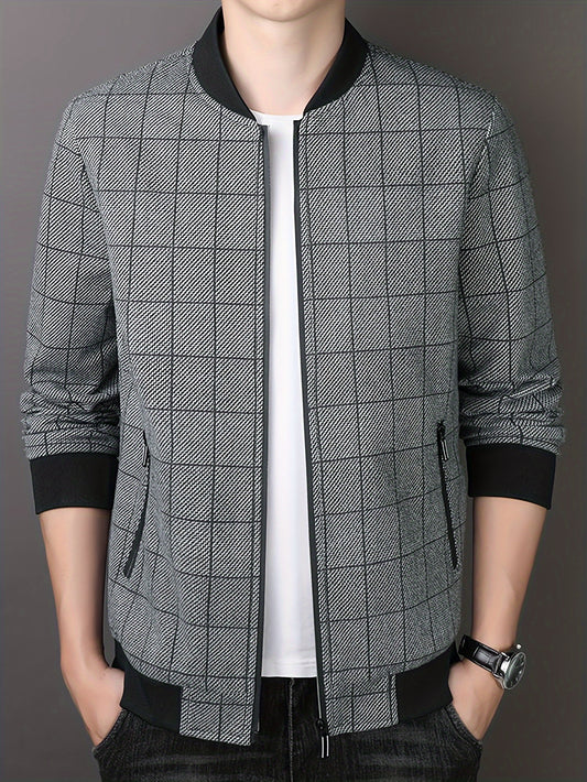 Stylish Men's Plaid Baseball Collar Jacket