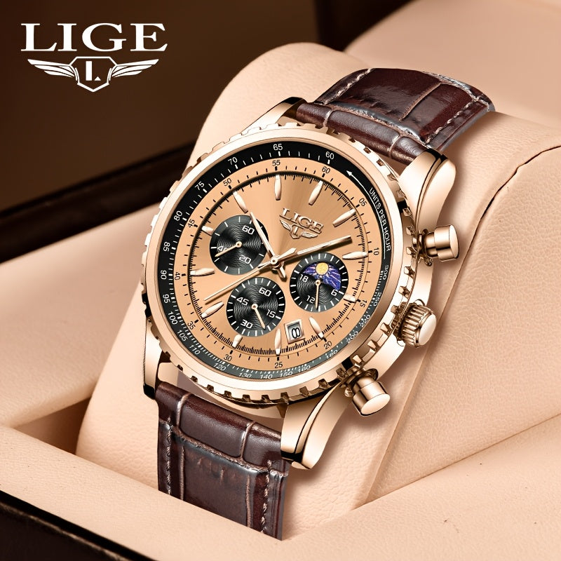 LIGE Luxury Men'S Quartz Watch with Glitter, Chronograph, Alloy Case, Faux Leather Strap, Button Battery Included - Elegant Faux Leather Sports Style Chronometer, Dry Battery Powered