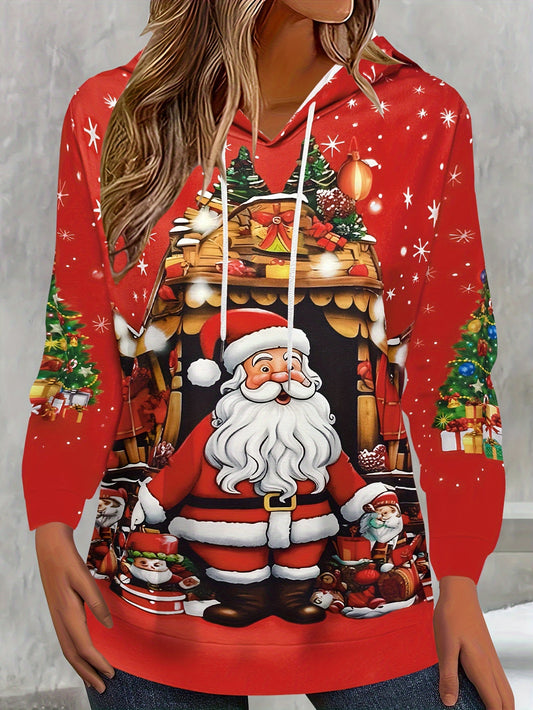 Women's Festive Christmas Print Hoodie - Casual Long Sleeve with Drawstring, Loose Fit Pullover Sweatshirt