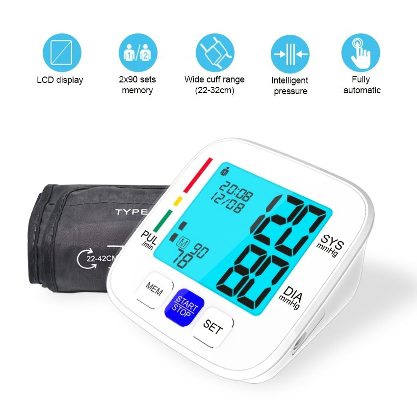 1pc Blood Pressure Monitor, Extra Large Upper Arm BP Cuff, Digital BP Monitor, Automatic Blood Pressure Cuff With 180 Memories