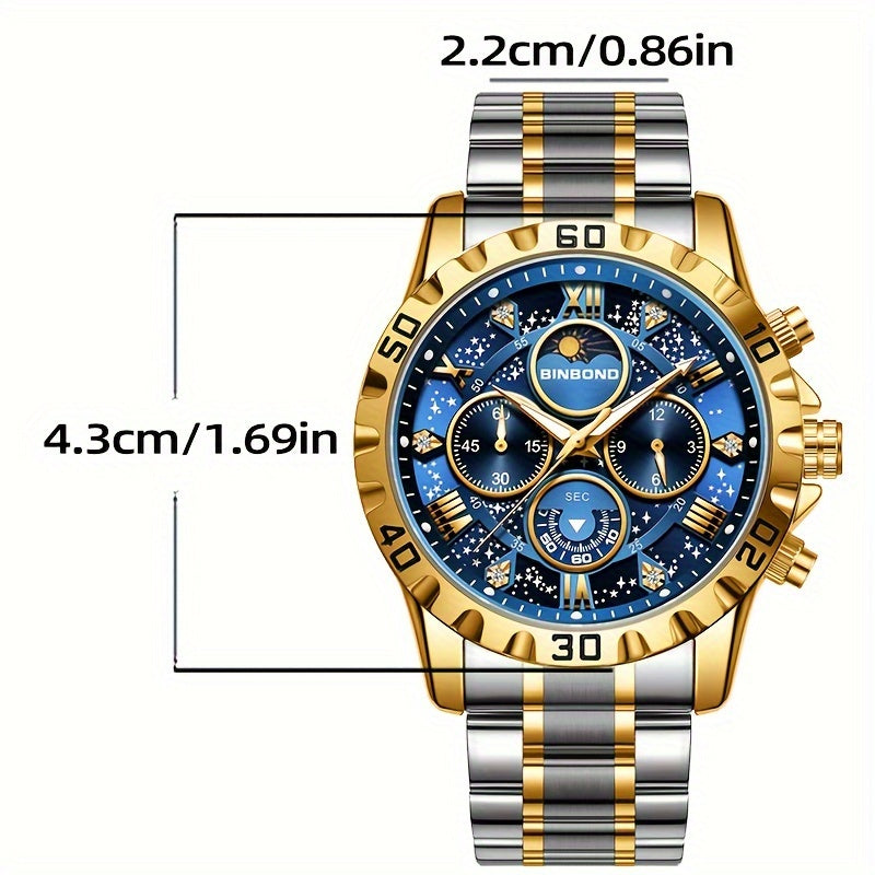 Men's Luxury Quartz Watch - Stainless Steel, Large Dial with Starry Sky Design, Business & Casual Style, Non-Waterproof