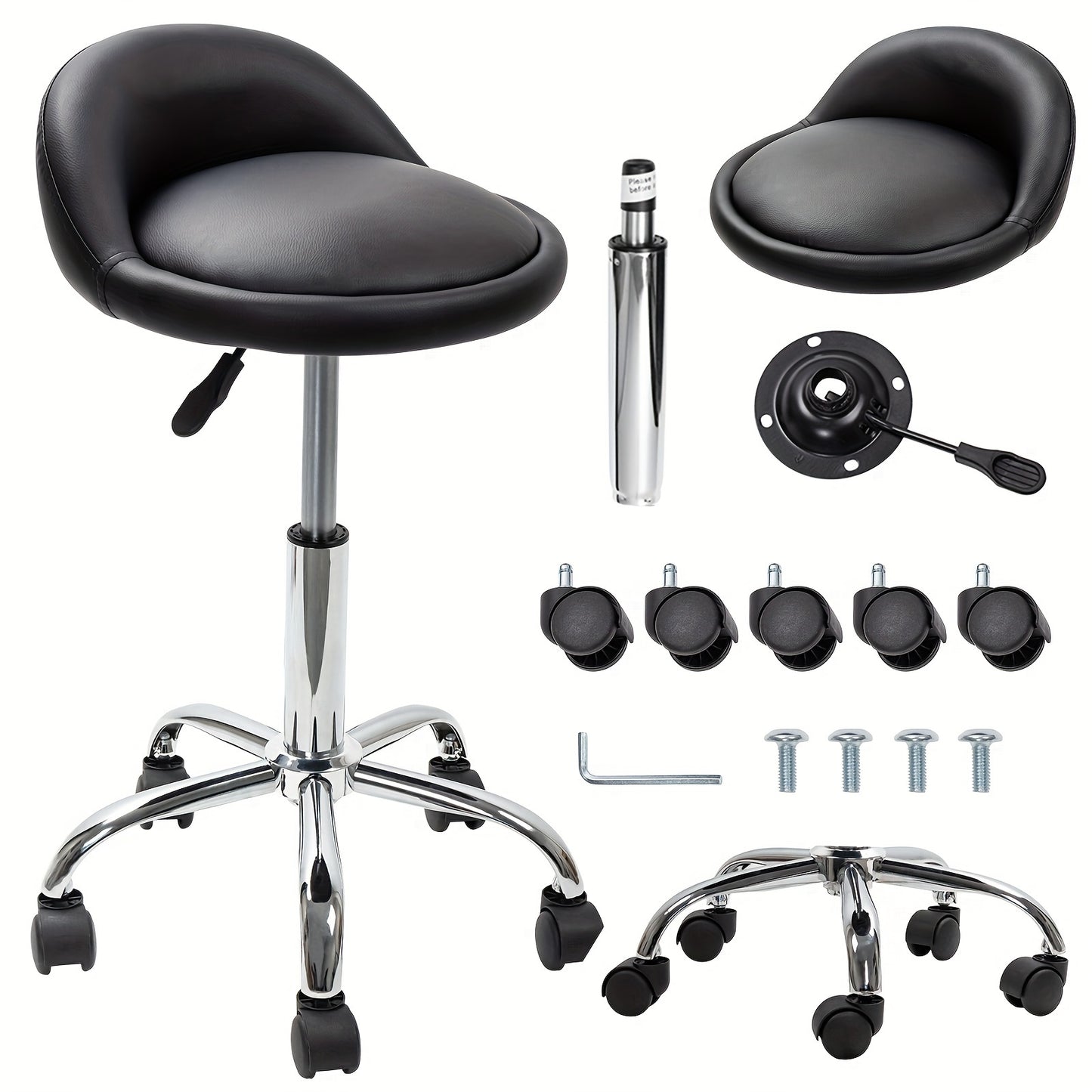 Black Adjustable Swivel Rolling Cushion Tattoo Massage Hydraulic Salon Stool with Back, 5 Wheels