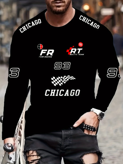 Streetwear Staple, Men's Vintage-Inspired Racing Flag & Number 3D Print Long Sleeve T-Shirt - Casual Crew Neck, Breathable Polyester, Perfect for Outdoor Activities