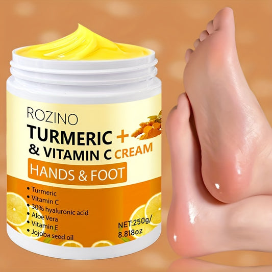 ROZINO Turmeric & Vitamin C Hand and Foot Cream, 250g - Hypoallergenic, Fast-Absorbing Moisturizer for Dry Skin with Glycerin, Vit C, Hyaluronic Acid, Aloe Vera, Jojoba Oil for All Skin Types