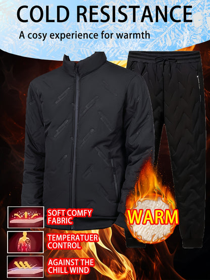 Men's Ultra-Warm Fleece-Lined Windproof Waterproof Casual Sportswear Set - Stand Collar, Zip-Up Jacket & Joggers with Pockets for Fall/Winter