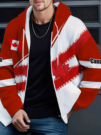 Men's Casual Zip-Up Hoodie with Maple Leaf Print - Cozy Polyester, Machine Washable, Perfect for Fall/Winter