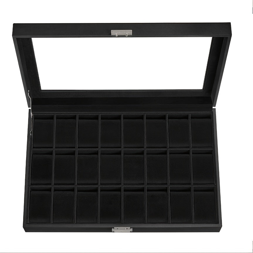 1pc Classic 24-Slot Watch Box with Glass Lid - Lockable Tabletop Watch Case, Rectangle Shape, Faux Leather Interior, Button Closure - Ideal for Watch Storage and Display, Jewelry Boxes