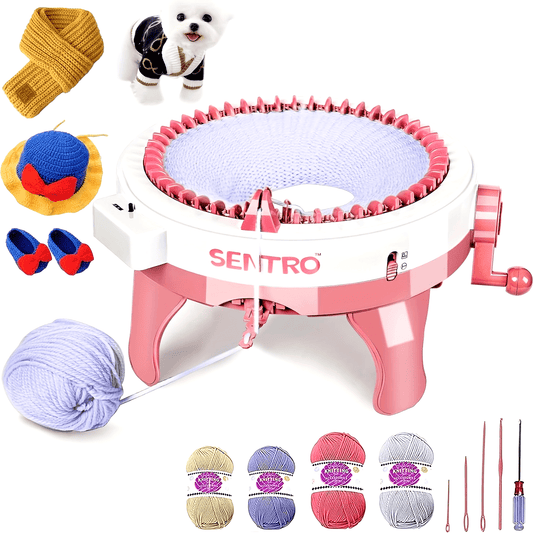 Sentro 48 Needles Knitting Machine, Large DIY Hand Crank Weaving Loom for Scarves, Hats, and Toys, Uncharged Mechanical Sewing Kit with ABS Construction, Bright Pink and White, Suitable for Ages 8+