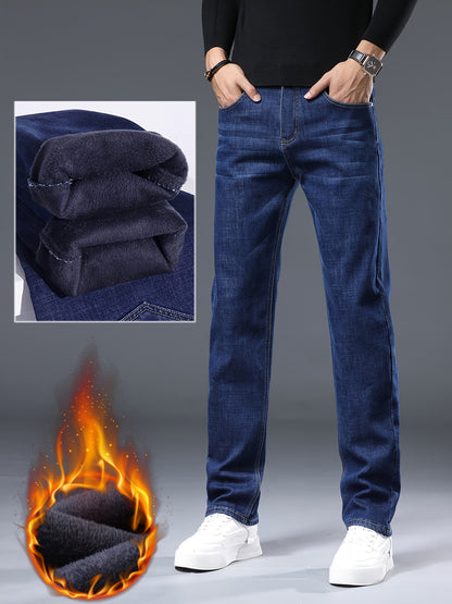 Cotton Men's Classic Design Winter Warm Thick Jeans, Semi-formal Stretch Business Jeans, Stretch Denim Fabric, Solid Color Pattern, Stylish And Light Business Shape, Straight Leg And Multi-pocket Design