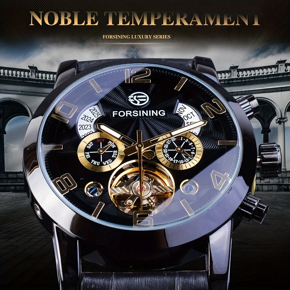 Men's Luxury Tourbillon Automatic Mechanical Watch - Wave Design, Black Golden Multifunction Dial, Date Display, Luminous Hands, Water Resistant, Stainless Steel Band, Fashionable Wrist Watch for Business or Casual Occasions