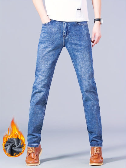 Warm Fleece Straight Leg Jeans For Business, Men's Semi-formal Denim Pants For Fall Winter