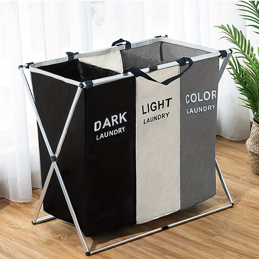 Large Laundry Basket 3 Sections Aluminium Folding Laundry Cloth Basket Oxford Washing Hamper Bin Sorting Storage Bag Light Dark Color