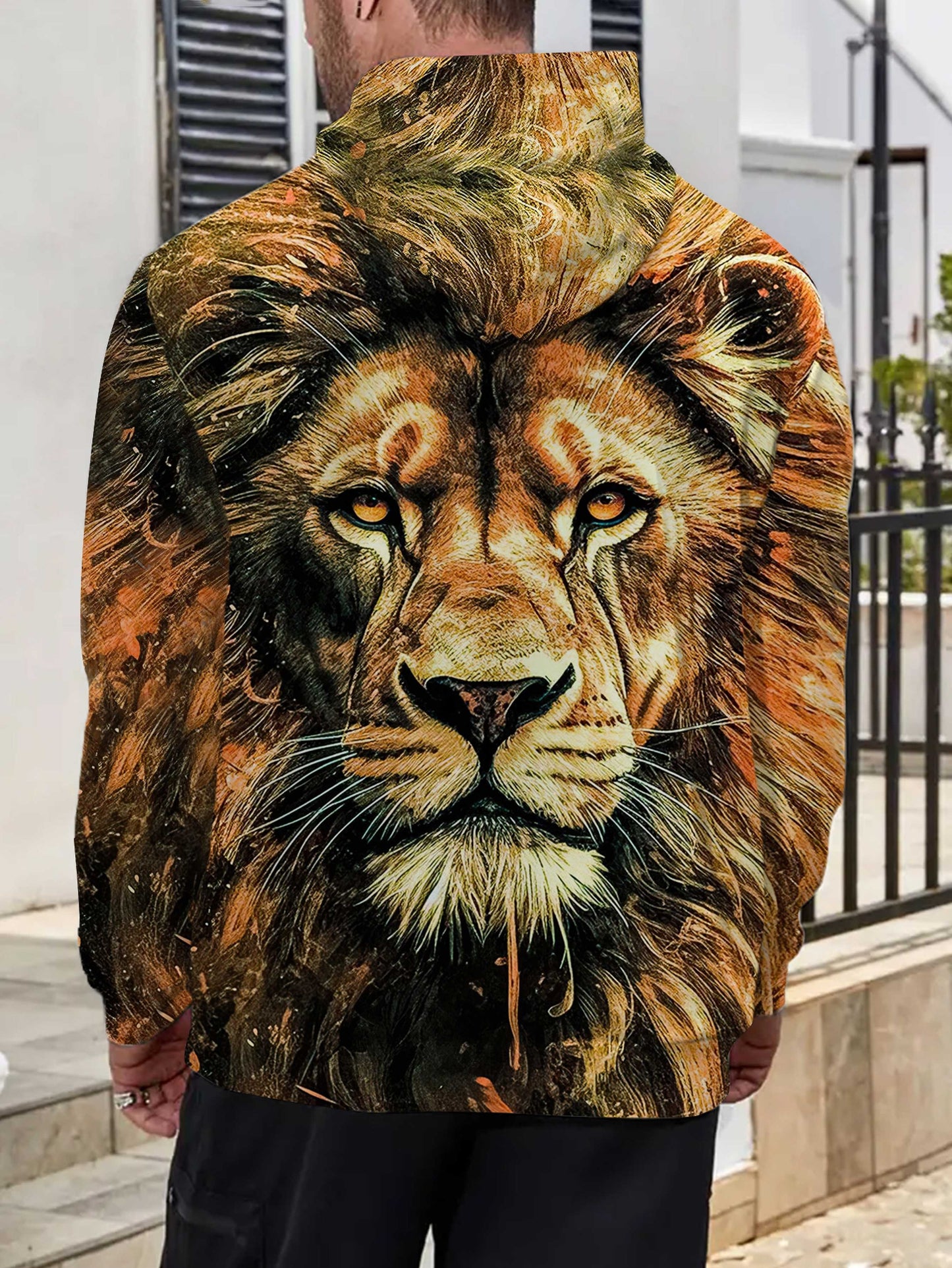 1pc Men'S Fashion 3D Lion Print Hoodie, Casual Style Long Sleeve Pullover with Hood, Polyester Knit Fabric, Loose Fit, Spring/Autumn Season