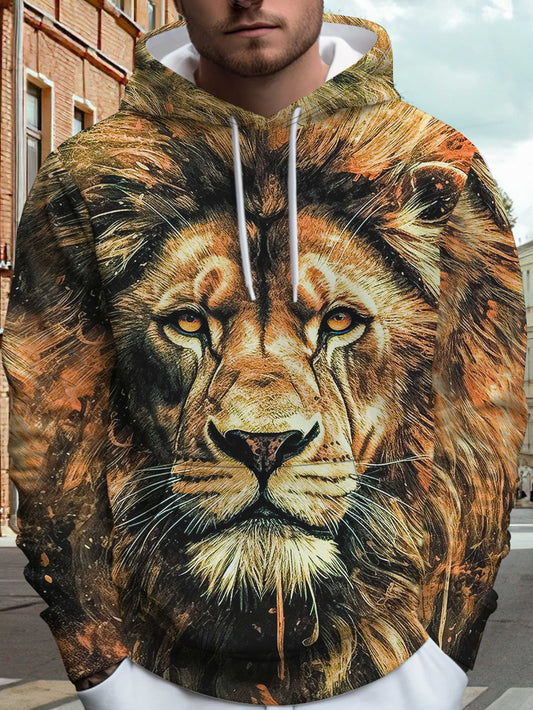 1pc Men'S Fashion 3D Lion Print Hoodie, Casual Style Long Sleeve Pullover with Hood, Polyester Knit Fabric, Loose Fit, Spring/Autumn Season