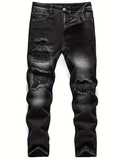 Men's Distressed Straight-Leg Jeans - Casual Denim with Ripped Detail, Machine Washable, All-Season Wear