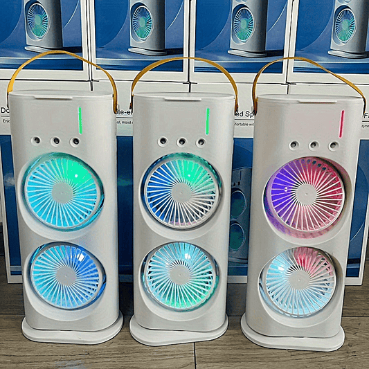 Portable Dual-Nozzle Mist Fan with Oscillating Function, LED Lights, USB Rechargeable, Lightweight and Compact for Office and Home Air Circulation