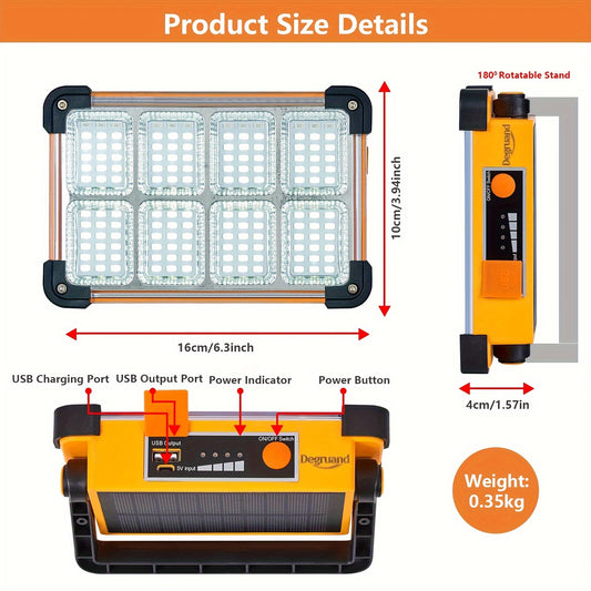 1pc Degruand Rechargeable LED Work Solar Light - Ultra Bright Floodlight for Power Outages, Emergencies, Camping, and Fishing - IP65 Waterproof and Cordless