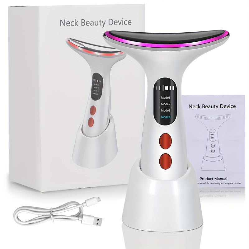 Rechargeable Facial And Neck Massager With Tri-Color LED And Heating Mode With Stand Face Massage Care Tool Gifts For Women