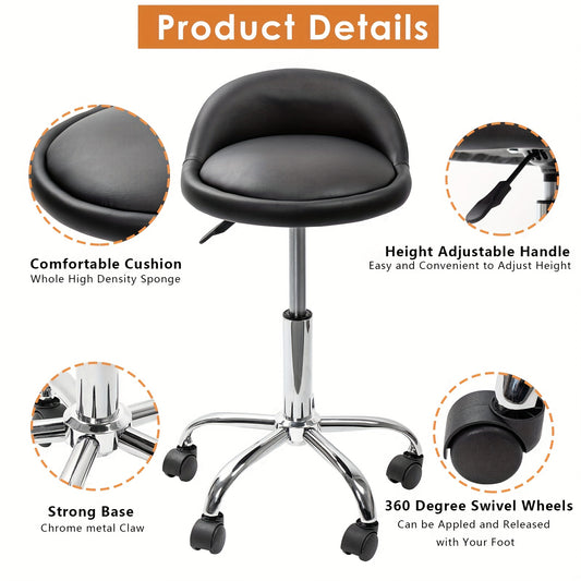 Black Adjustable Swivel Rolling Cushion Tattoo Massage Hydraulic Salon Stool with Back, 5 Wheels