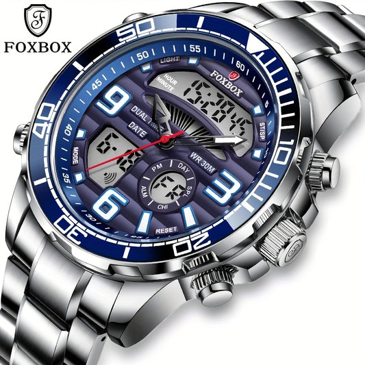 Foxbox Men's Stainless Steel Quartz Watch - Fashionable Sports Style With Dual Display, Stopwatch & World Time Feature