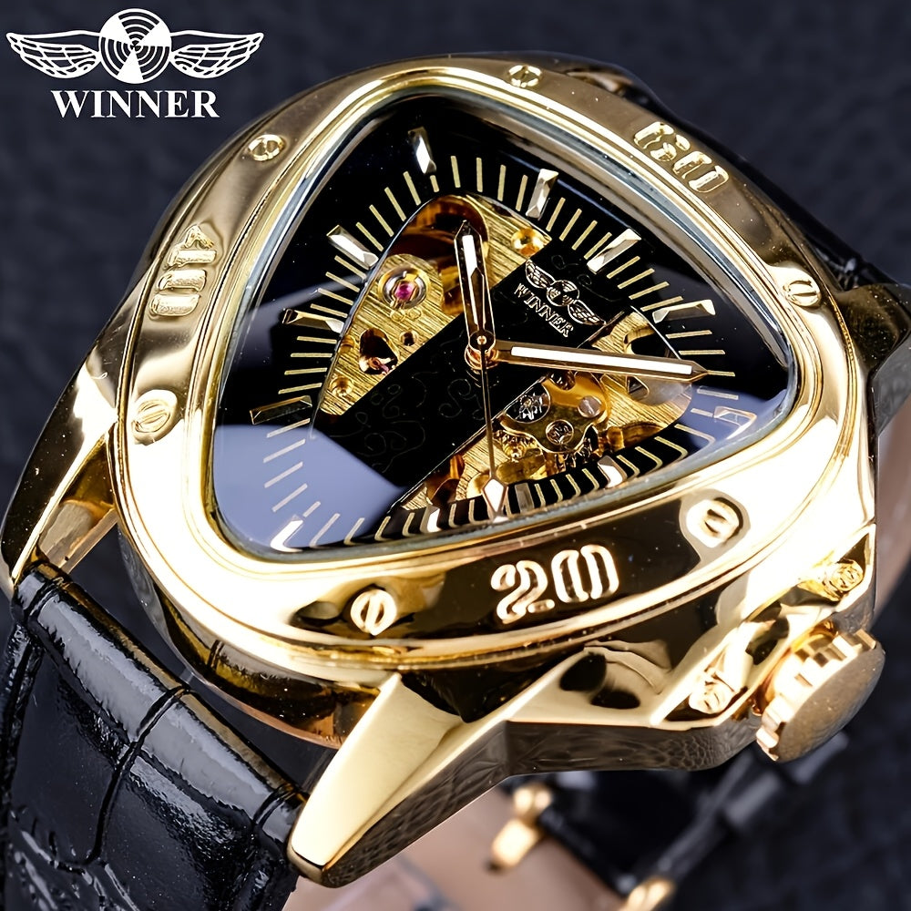 1pc T-WINNER Men'S Steampunk Mechanical Watch - Sporty Triangle Dial, Skeleton Hands, Hollow Design, Stainless Steel Case, Faux Leather Strap, Non-Waterproof, Pointer Display, Vintage-Inspired Cool Wristwatch, Without Battery