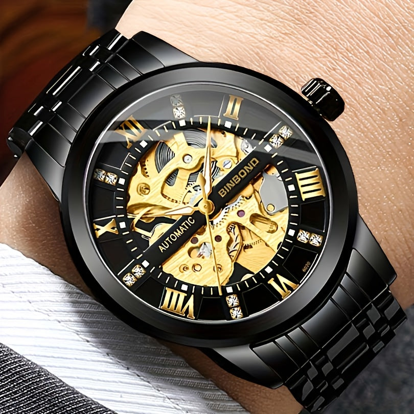 Mechanical Business Watch With Date Display, Stainless Steel Case, Skeleton Dial, Water Resistant, Automatic Winding, Leather Strap, Night Light Function