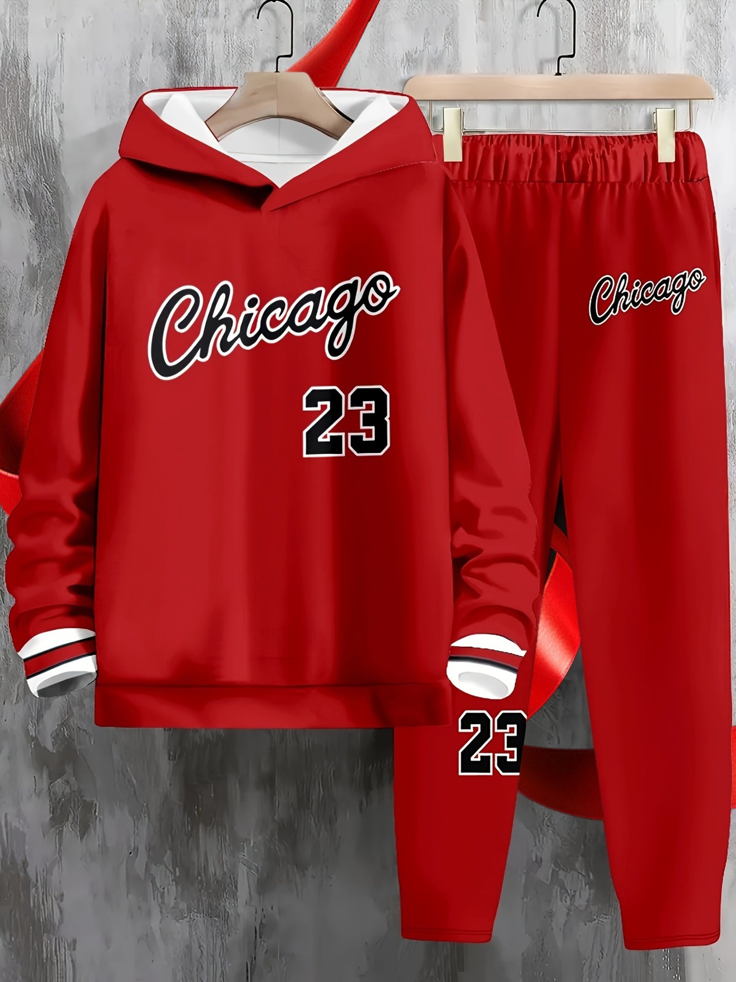 Men's Chicago 23 Hoodie and Pants Set, Casual Polyester Athletic Outfit, Long Sleeve, No Belt, Regular Fit, Spring/Autumn Season, Knit Fabric, Sports Apparel