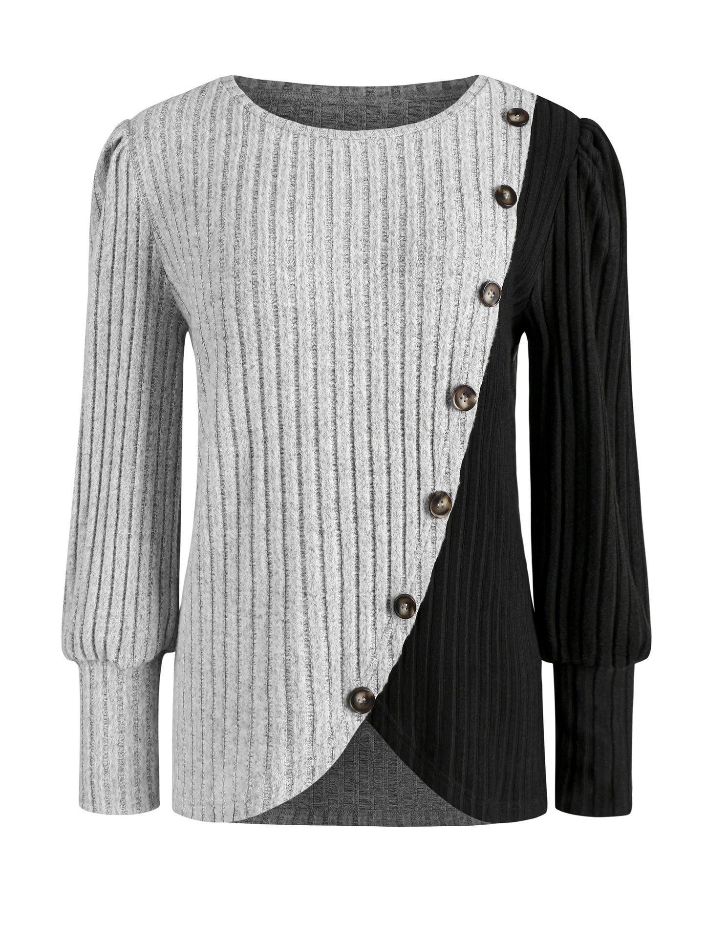 Soft Ribbed Crew Neck T-Shirt with Chic Button Detail - A Fashionable Long Sleeve Top for Spring & Fall - Womens Casual Wear