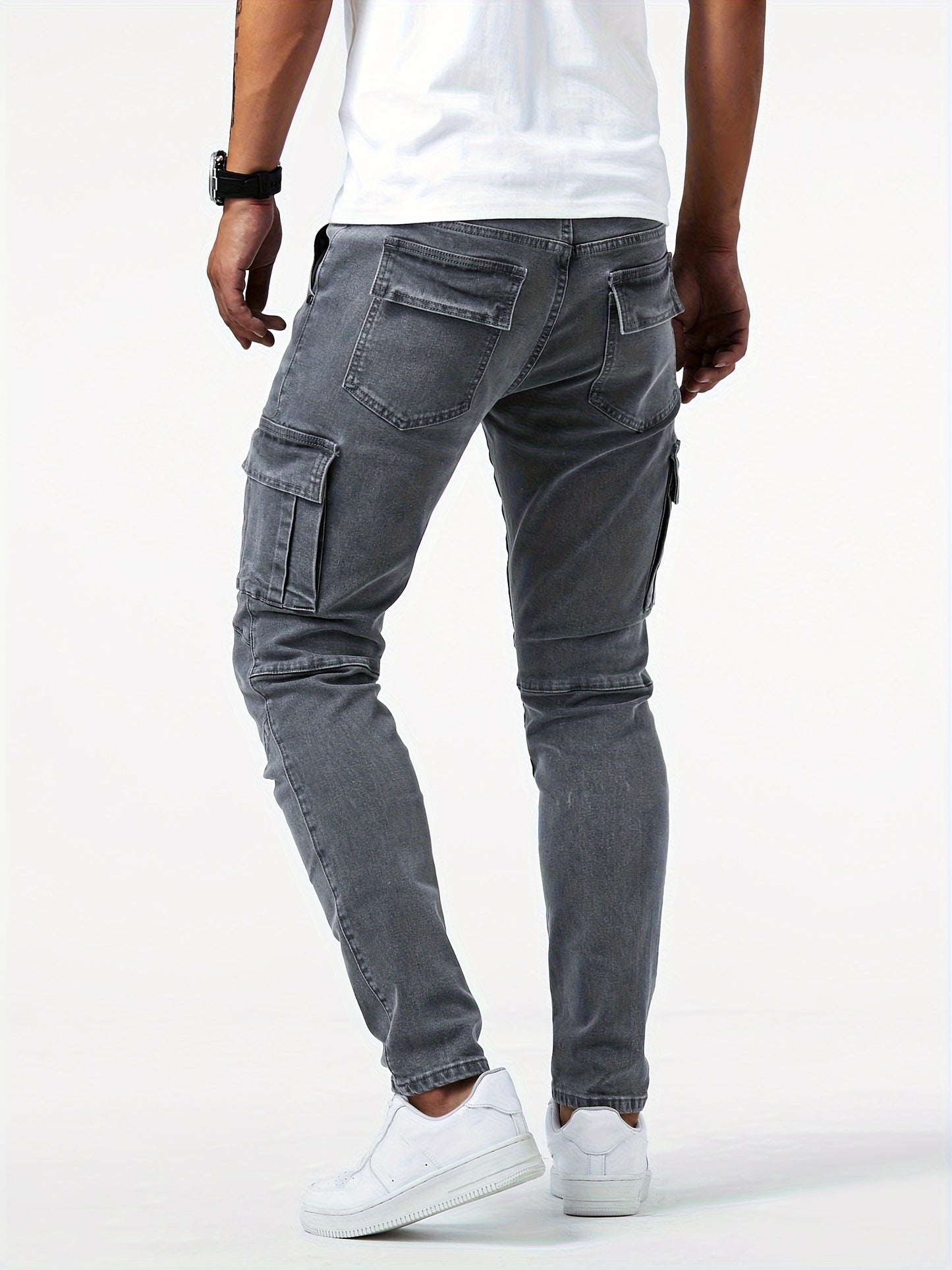 Men's Casual Multi Pocket Jeans, Chic Street Style High Stretch Cargo Denim Pants