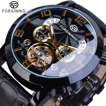 Men's Luxury Tourbillon Automatic Mechanical Watch - Wave Design, Black Golden Multifunction Dial, Date Display, Luminous Hands, Water Resistant, Stainless Steel Band, Fashionable Wrist Watch for Business or Casual Occasions