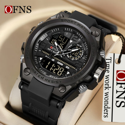 OFNS Men's Digital Sports Watch, Casual Style, 50m Water Resistance, Stopwatch, Alarm, Dual Display, Electronic Quartz Movement, Round Zinc Alloy Case, TPU Strap, Multifunctional Outdoor Waterproof Wristwatch