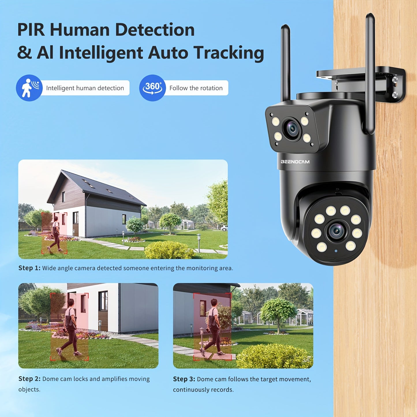 1 PCS 4MP 2Lens 2Screen Total 4MP WiFi Security Camera, Dual Lens 2.4ghz, No Support 5Ghz, AI Human Tracking, Color Night Vision, Two-Way Audio, Motion Alert, Compatible With Alexa, Supports Cloud Storage, Optional SD Card