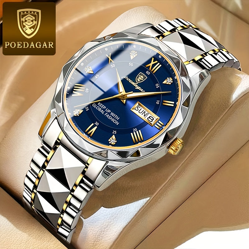 POEDAGAR New Men's Stainless Steel Quartz Wristwatch, Waterproof Luminous Calendar Men's Watch, Ideal choice for Gifts