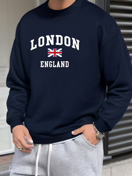 Men's London Flag & Letter Print Casual Sweatshirt - Long Sleeve, Round Neck, Polyester Blend, Machine Washable