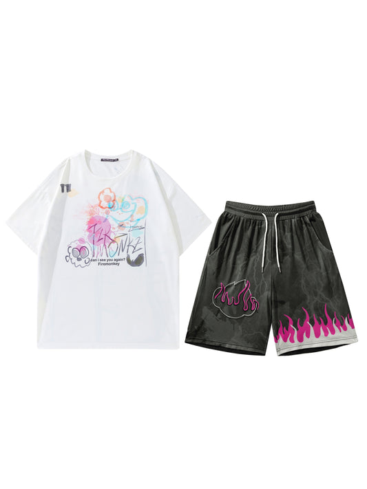 Men's Outfit, Loose Graffiti Graphic Print Casual Crew Neck Short Sleeve T-Shirt & Drawstring Shorts 2-piece Set For Summer Outdoor Activities