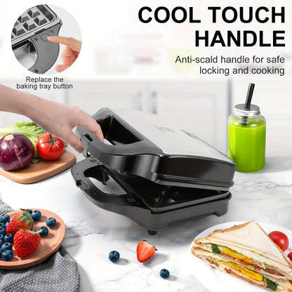 SUPERLEX 3 In 1 Sandwich Maker, Deep Fill Panini Waffle Press Grill, Multi-Function Stainless Steel Toastie Bread Cooker With 900W 6 Slices Automatic Temperature Machine, Non-Stick Cooking Plate & CoolTouch Handle Easy Clean For Even Cooking