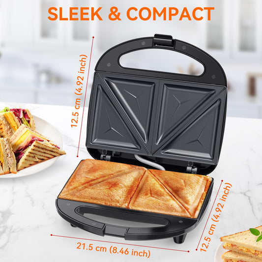 2 Slice Sandwich Toaster with Triangle Plates, Non-Stick, PFOA Free, Cool Touch Handle, 750W, Black