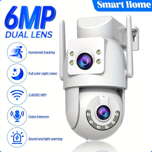 JOOAN 6MP Dual Lens PTZ Security Camera, 1296P HD Resolution, 2.4/5Ghz WiFi, Wall Mount, Audio & Motion Alarm, Color Display, USB Powered, App Control, No Battery - Outdoor Home Surveillance