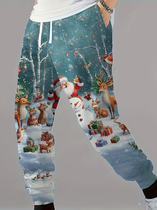 Men's Santa Claus And Animals Print Jogger Sweatpants With Drawstring, Casual Sporty Trousers As Gift