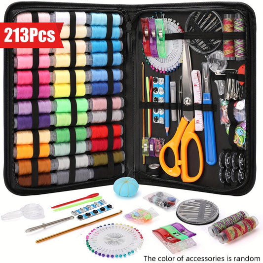 213pcs Deluxe Sewing Kit with Carry Bag - Complete Needlework & Knitting Accessories Set for Beginners, Youngsters, Travel & Camping - Assorted Colors