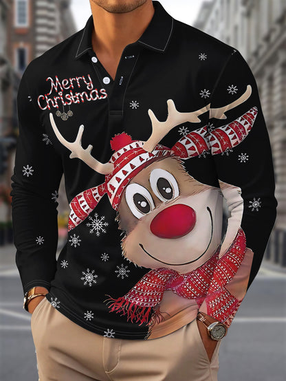 Men'S Casual Christmas Reindeer Print Knit Polo-Style Shirt with Lapel Collar and Button Details, Regular Fit, 100% Polyester, Slight Stretch Fabric with Geometric Pattern