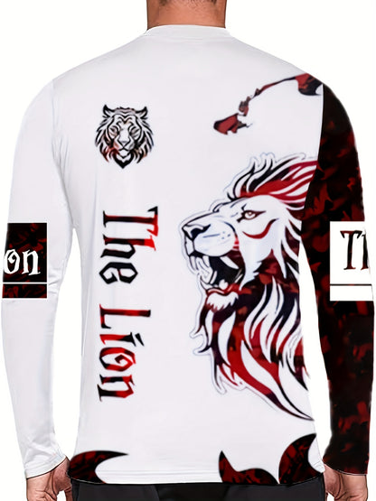 Men'S 3D Printed Lion Graphic Long Sleeve T-Shirt - Casual Sports Top with Polyester Fabric, Knit Weave, Regular Fit for Adult Males - Fashionable Round Neck for Running, Exercise, Outdoor Activities