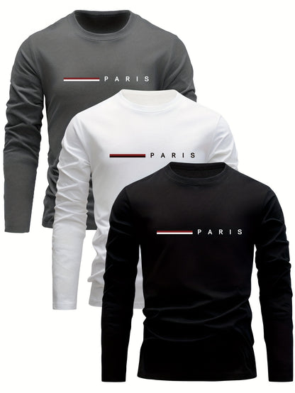 3pcs Men's Cotton Long Sleeve T-Shirts - Casual Crew Neck, Breathable & Moisture-Wicking for Spring/Fall