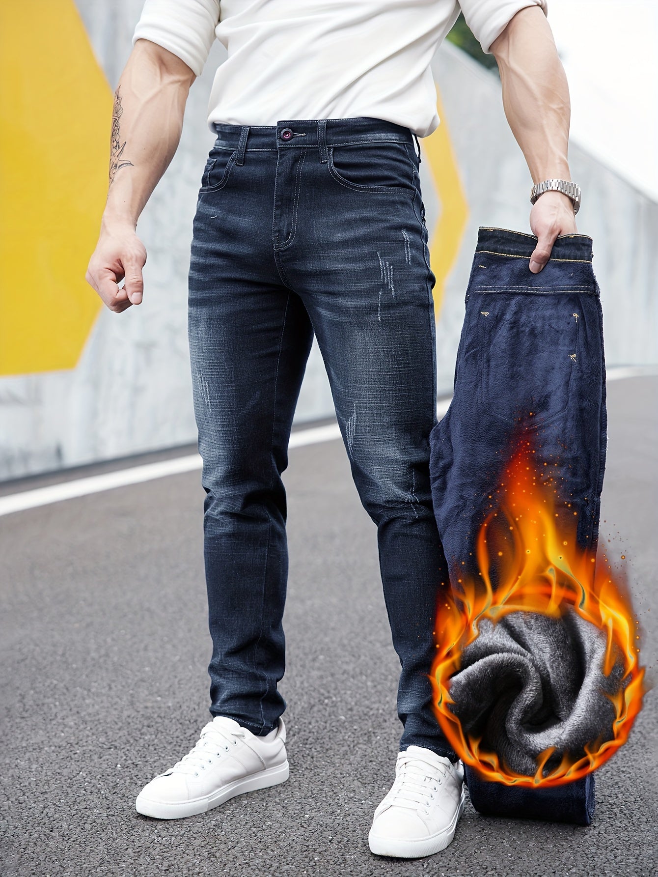 Men's Slim Fit Straight Leg Denim Pants, Men's Thickened Fleece Lined Jeans, Versatile For Autumn & Winter