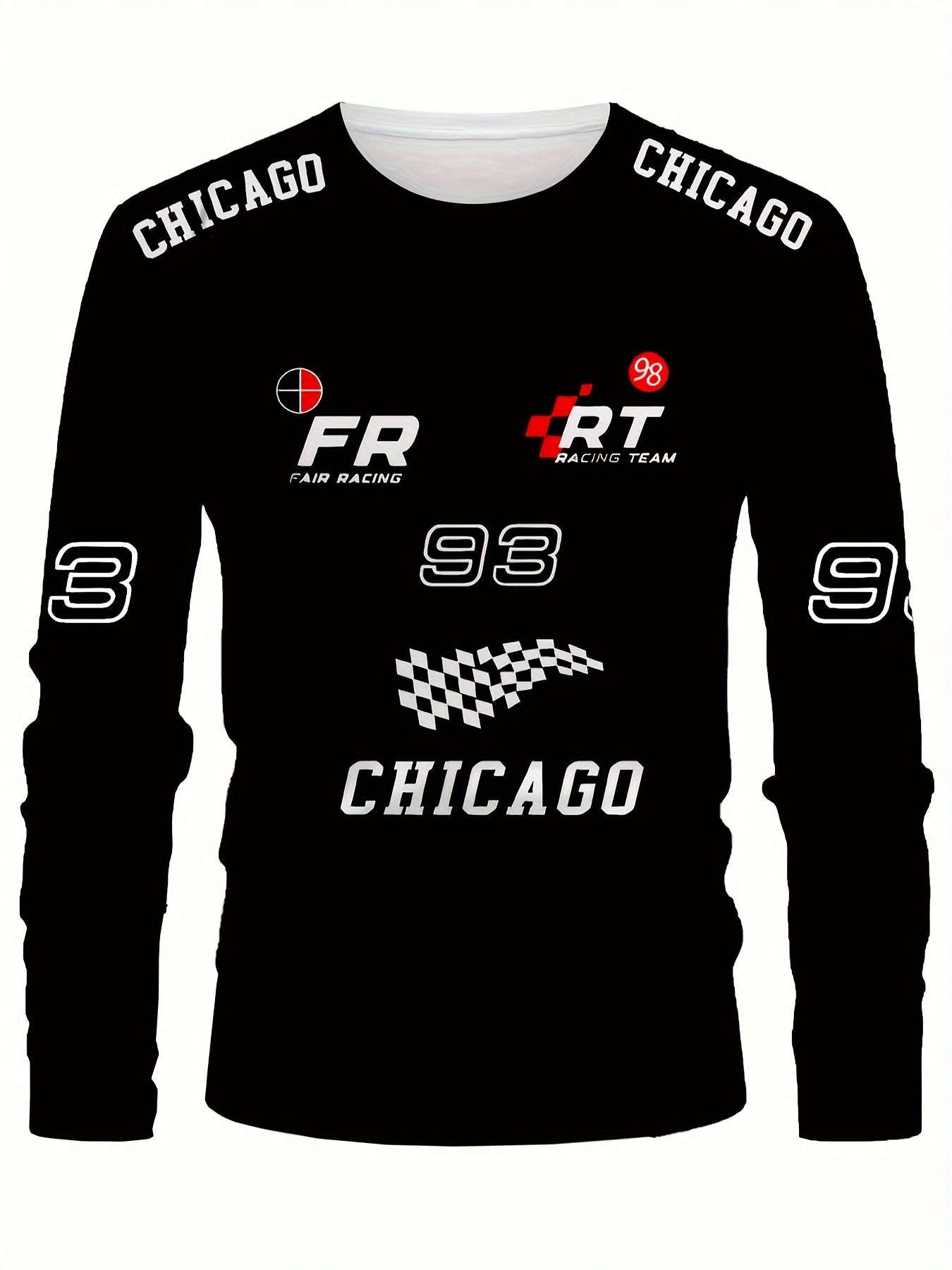 Streetwear Staple, Men's Vintage-Inspired Racing Flag & Number 3D Print Long Sleeve T-Shirt - Casual Crew Neck, Breathable Polyester, Perfect for Outdoor Activities