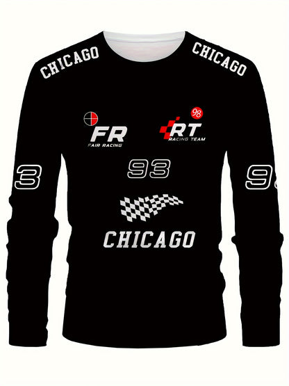 Streetwear Staple, Men's Vintage-Inspired Racing Flag & Number 3D Print Long Sleeve T-Shirt - Casual Crew Neck, Breathable Polyester, Perfect for Outdoor Activities